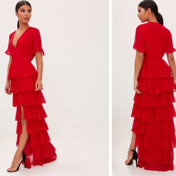 SOLD - NWT Red Chiffon Ruffle Layer Maxi Dress - Picture 2 of 5